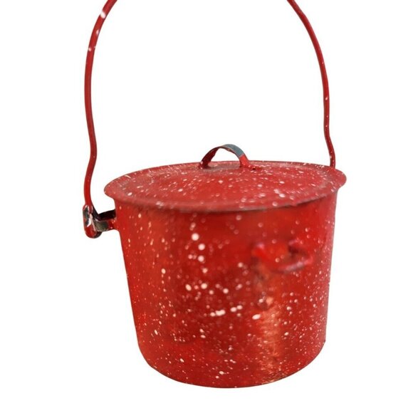 Set Of 2 Miniature Red Speckled Metal Campfire Coffee Pot & Pail Ornament Decor - Picture 5 of 8